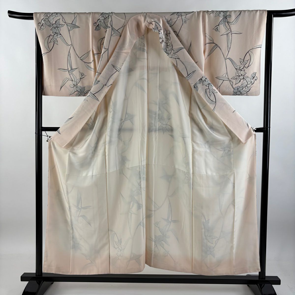 【庫存清倉】 小紋 身長153cm 袖長67.5cm L 雙層 草花紋 淺粉紅 純蠶絲 優品級