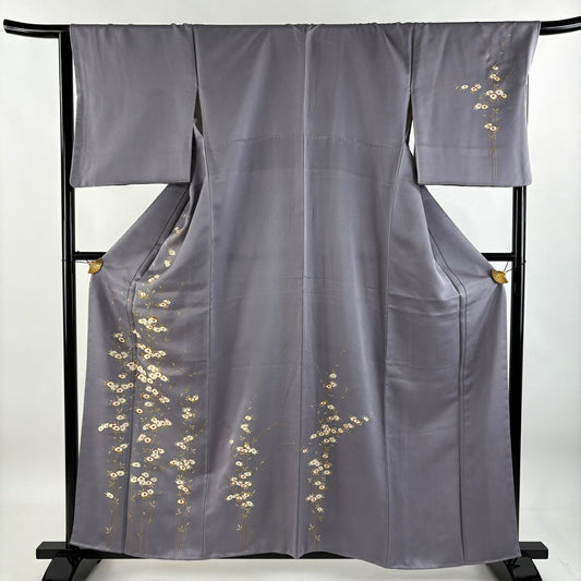【庫存清倉】 付下 身長160cm 袖長67.5cm L 雙層 椿 金絲 金銀彩 灰紫 純蠶絲 優品級