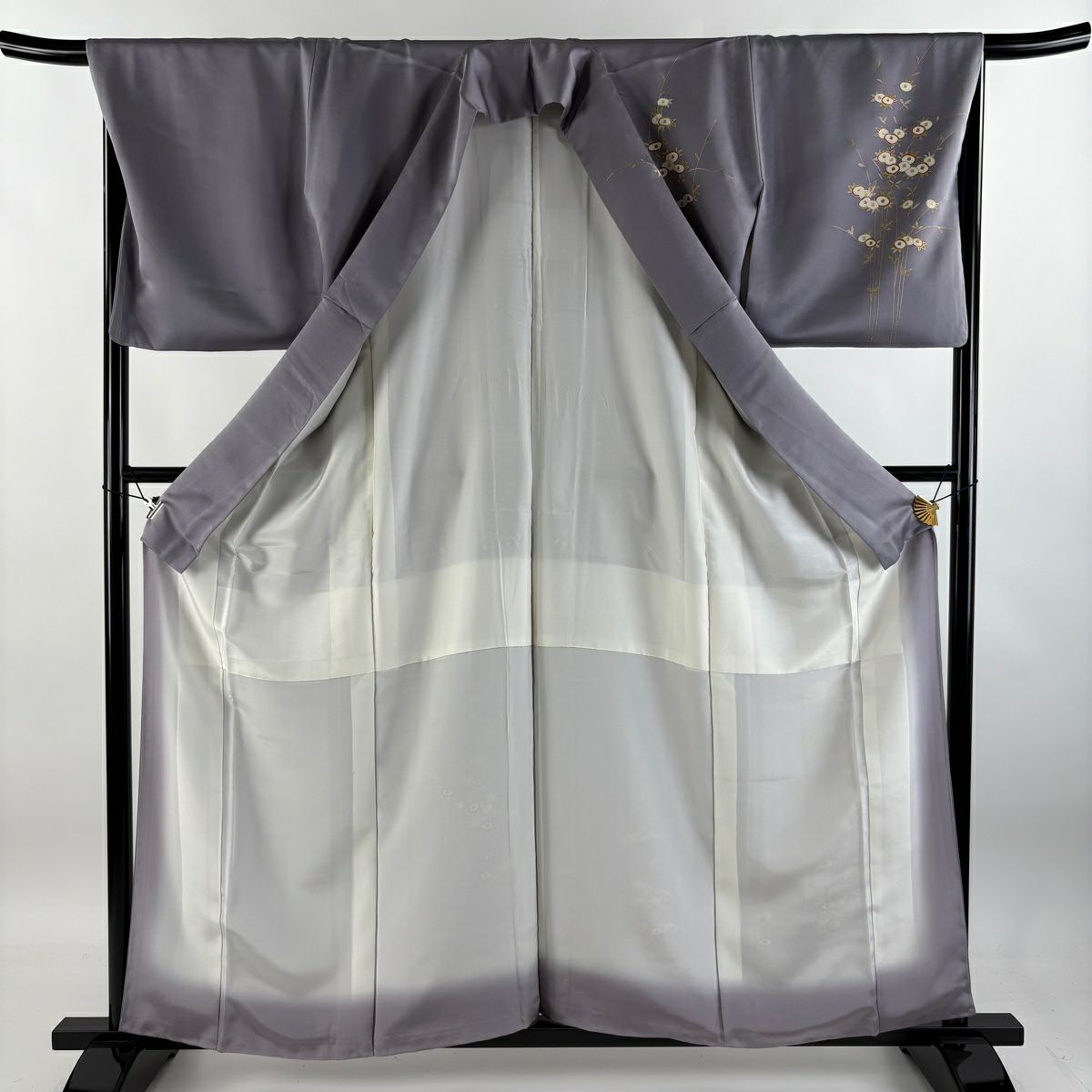 【庫存清倉】 付下 身長160cm 袖長67.5cm L 雙層 椿 金絲 金銀彩 灰紫 純蠶絲 優品級
