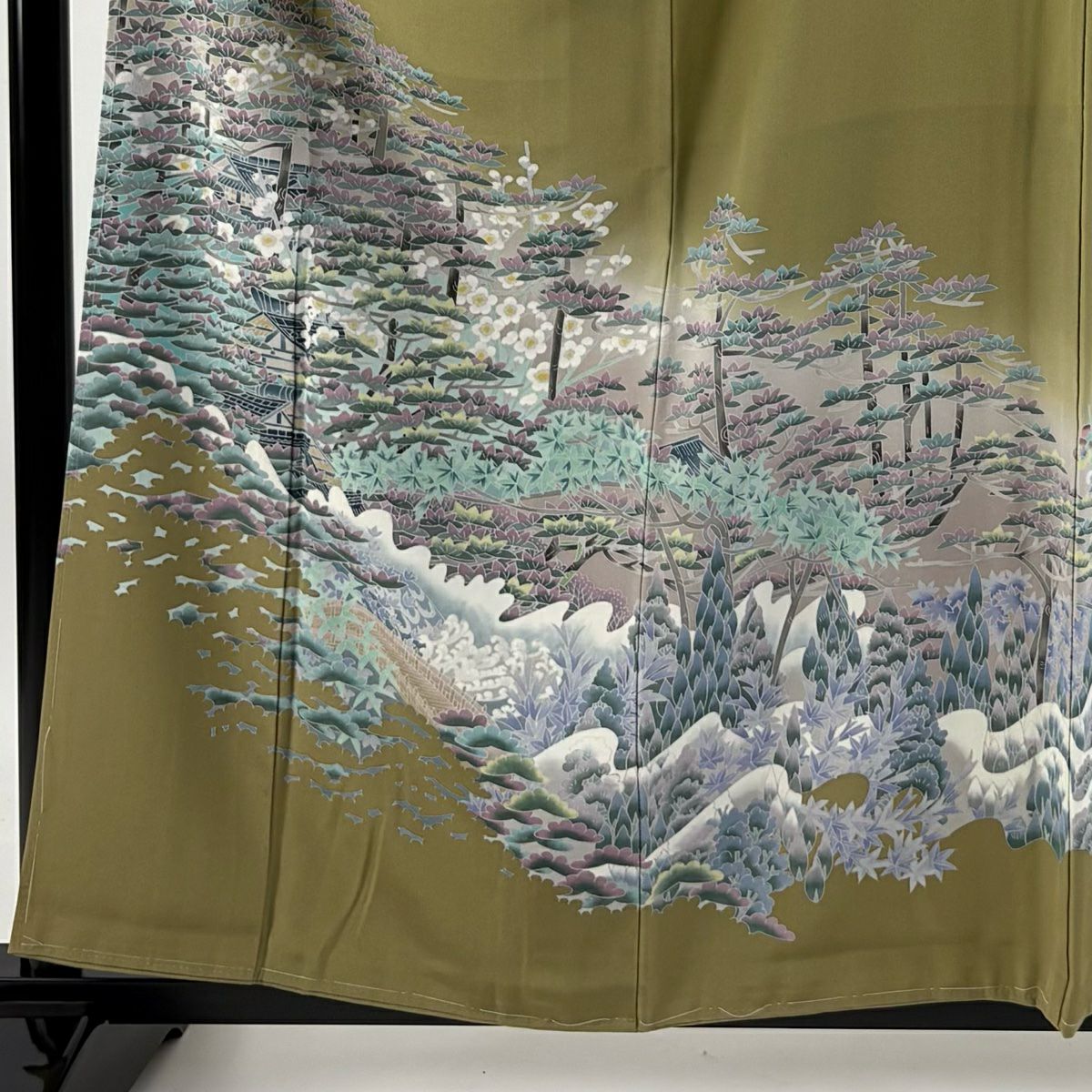 【庫存清倉】 留袖禮服禮服 身長159cm 袖長65.5cm M 雙層 落款有 松樹竹子梅花 橋 漸層 灰綠 純蠶絲 優品級 三個紋
