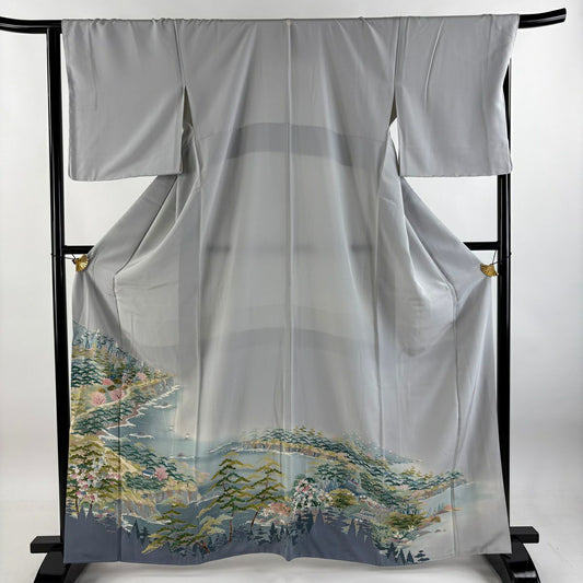 【庫存清倉】 留袖禮服禮服 身長164cm 袖長67cm M 雙層 落款有 風景 松樹竹子梅花 灰白 純蠶絲 秀品級 一個紋
