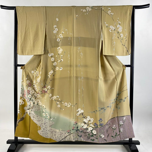 【庫存清倉】訪問服 身長155.5cm 袖長64cm M 雙層 附款 櫻花 流水 漸層 淡黃土色 純蠶絲 名品級