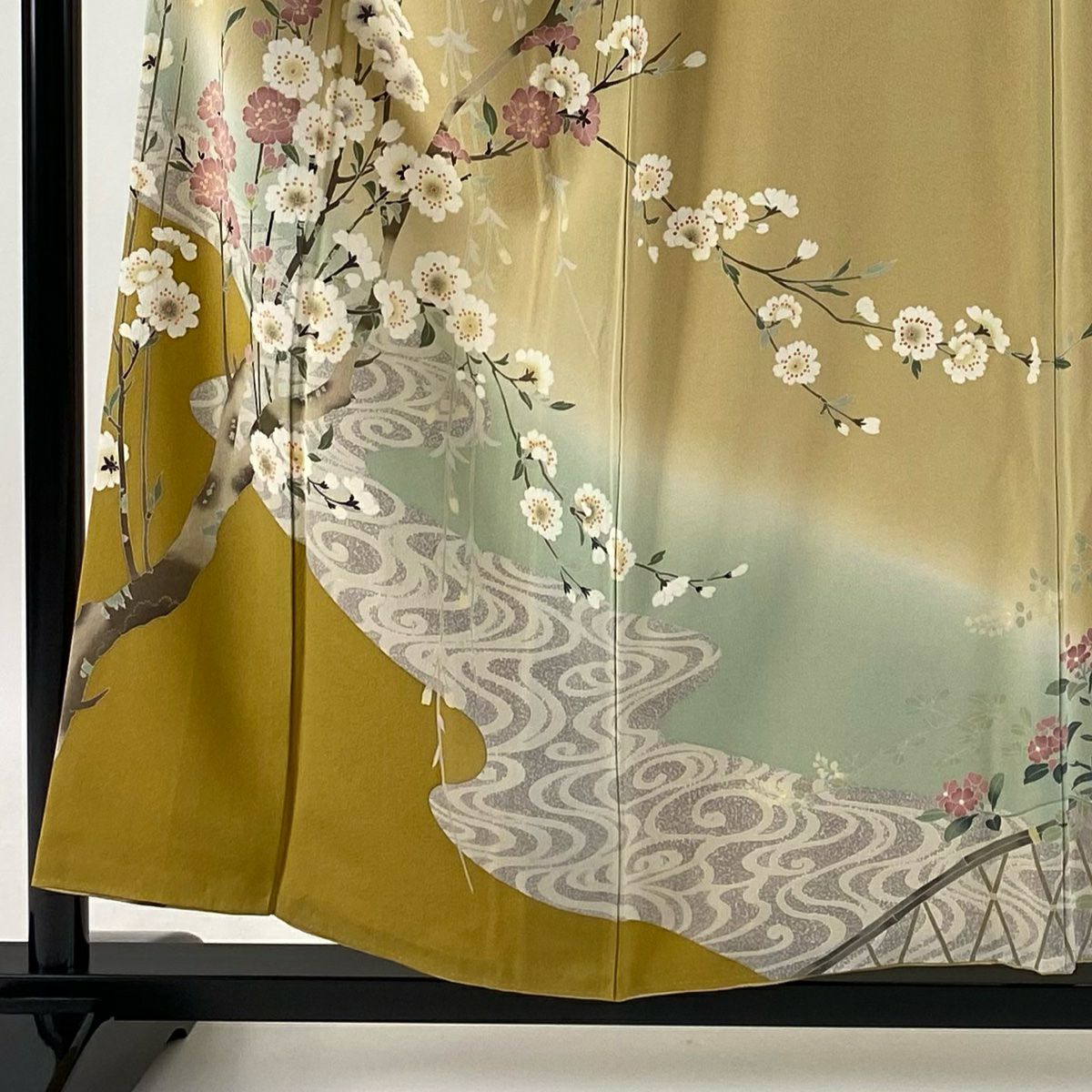 【庫存清倉】訪問服 身長155.5cm 袖長64cm M 雙層 附款 櫻花 流水 漸層 淡黃土色 純蠶絲 名品級