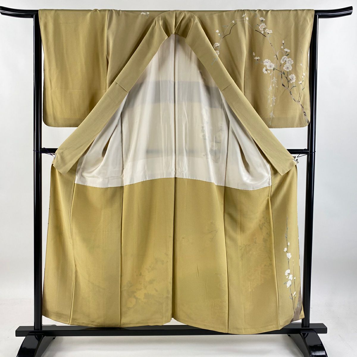 【庫存清倉】訪問服 身長155.5cm 袖長64cm M 雙層 附款 櫻花 流水 漸層 淡黃土色 純蠶絲 名品級