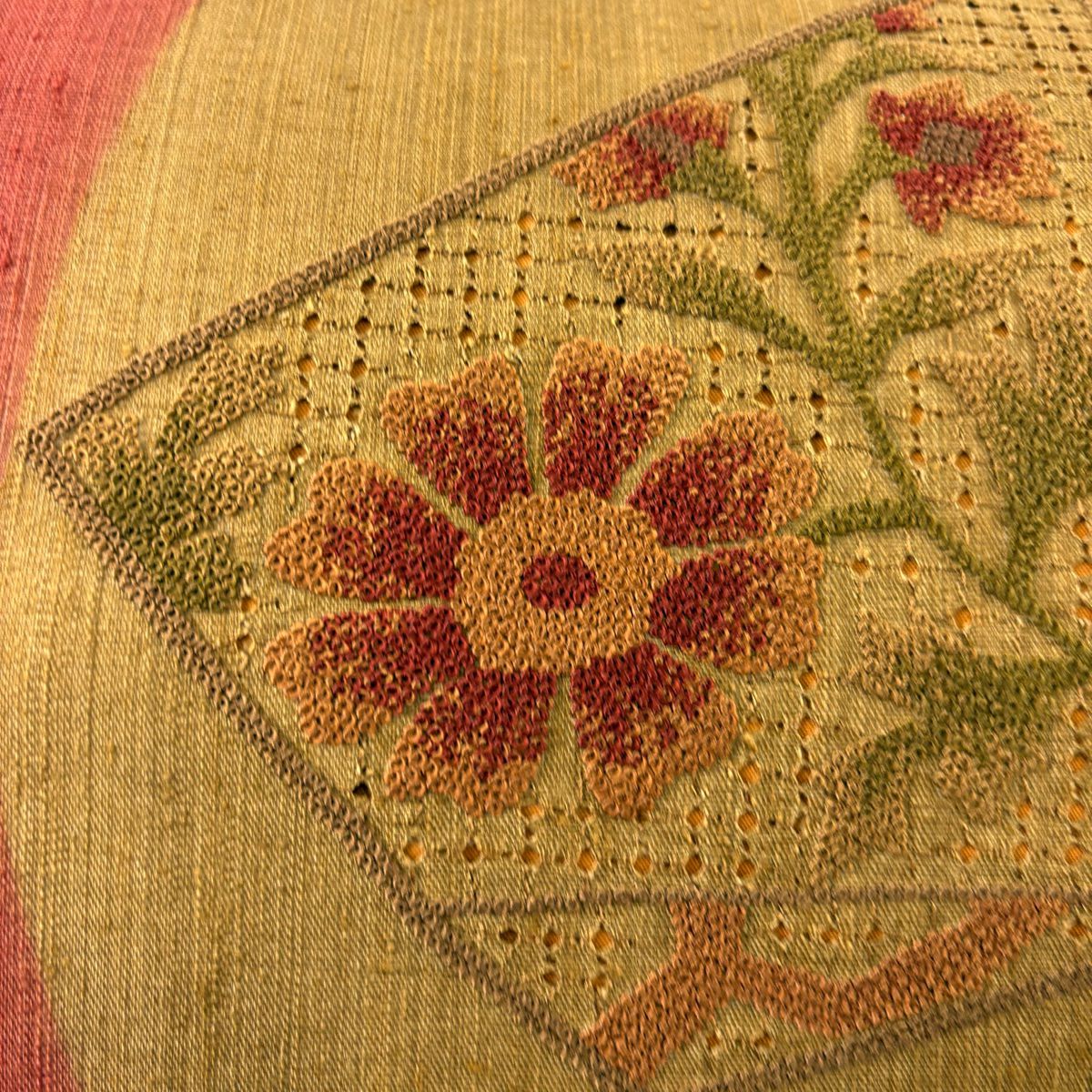【庫存清倉】 名古屋帶 美品 秀品級 紬織織 草花紋紋 幾何學圖案 刺繡 茶綠 純蠶絲