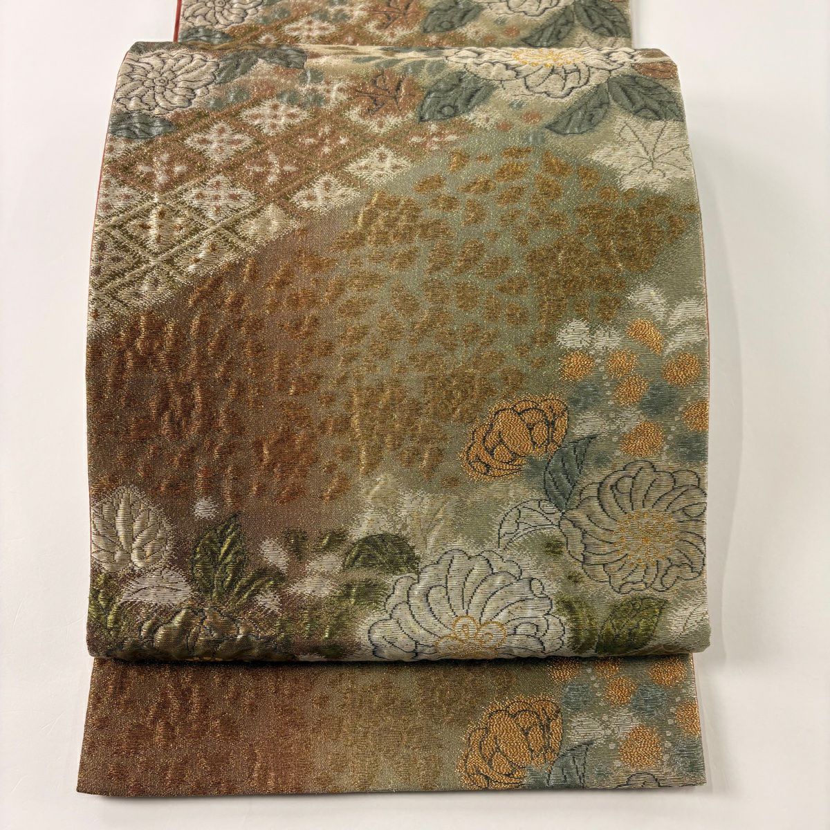 【庫存清倉】 袋名古屋帶 美品 優品級 辻花染圖案 菱形 金絲 金金箔 鶯色 純蠶絲