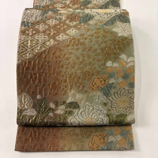 【庫存清倉】 袋名古屋帶 美品 優品級 辻花染圖案 菱形 金絲 金金箔 鶯色 純蠶絲