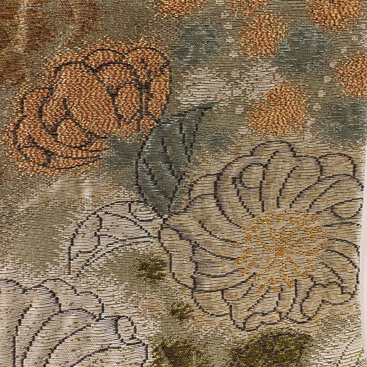 【庫存清倉】 袋名古屋帶 美品 優品級 辻花染圖案 菱形 金絲 金金箔 鶯色 純蠶絲