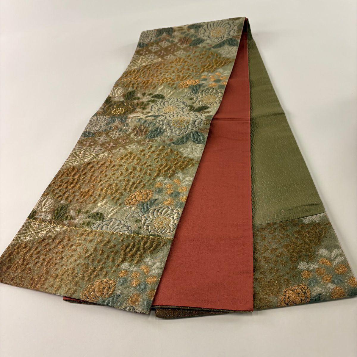 【庫存清倉】 袋名古屋帶 美品 優品級 辻花染圖案 菱形 金絲 金金箔 鶯色 純蠶絲