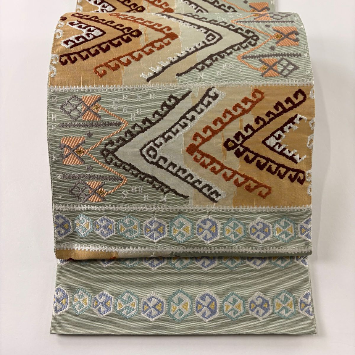 【庫存清倉】 袋帶 美品 秀品級 幾何圖案 金金箔 灰綠 六通 純蠶絲