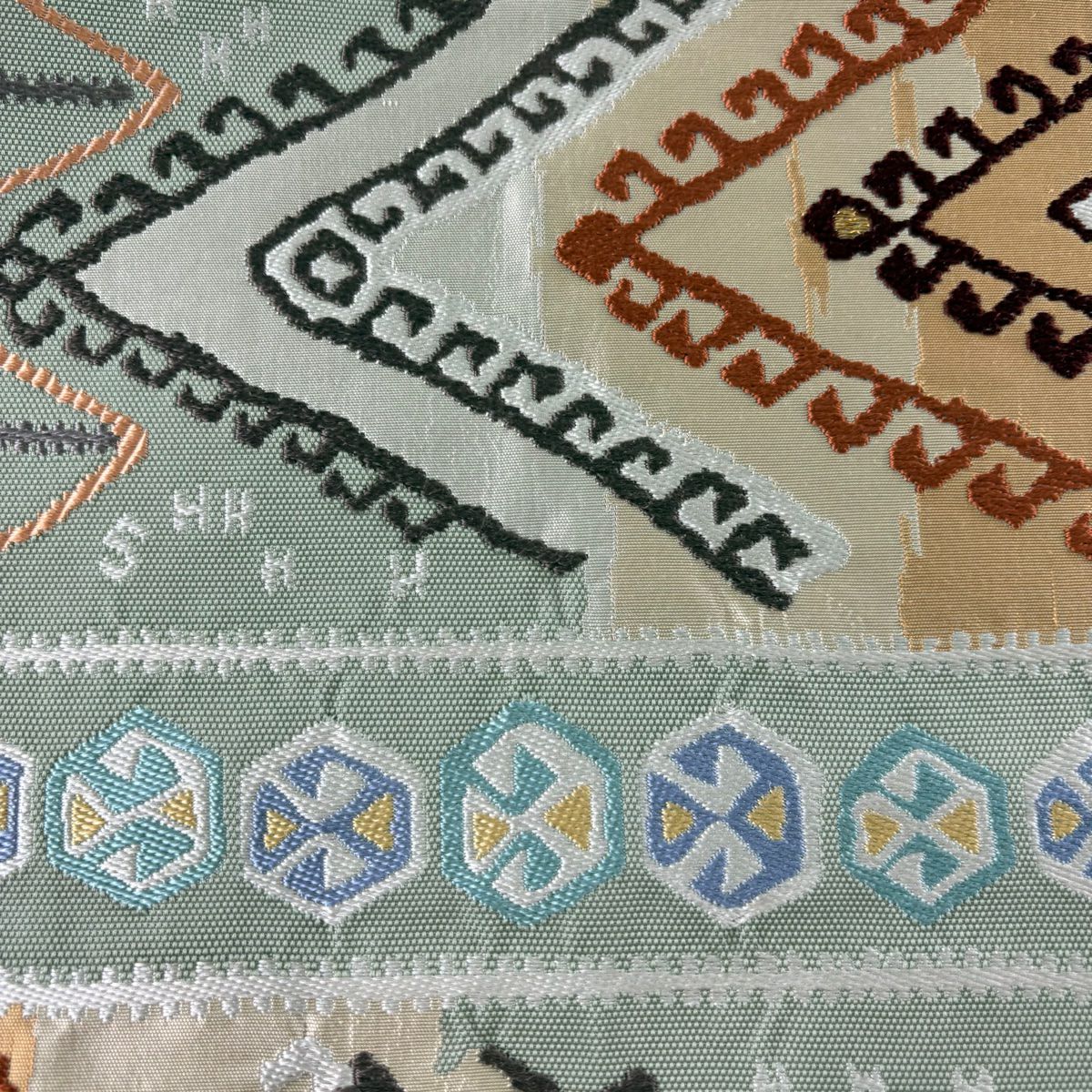【庫存清倉】 袋帶 美品 秀品級 幾何圖案 金金箔 灰綠 六通 純蠶絲