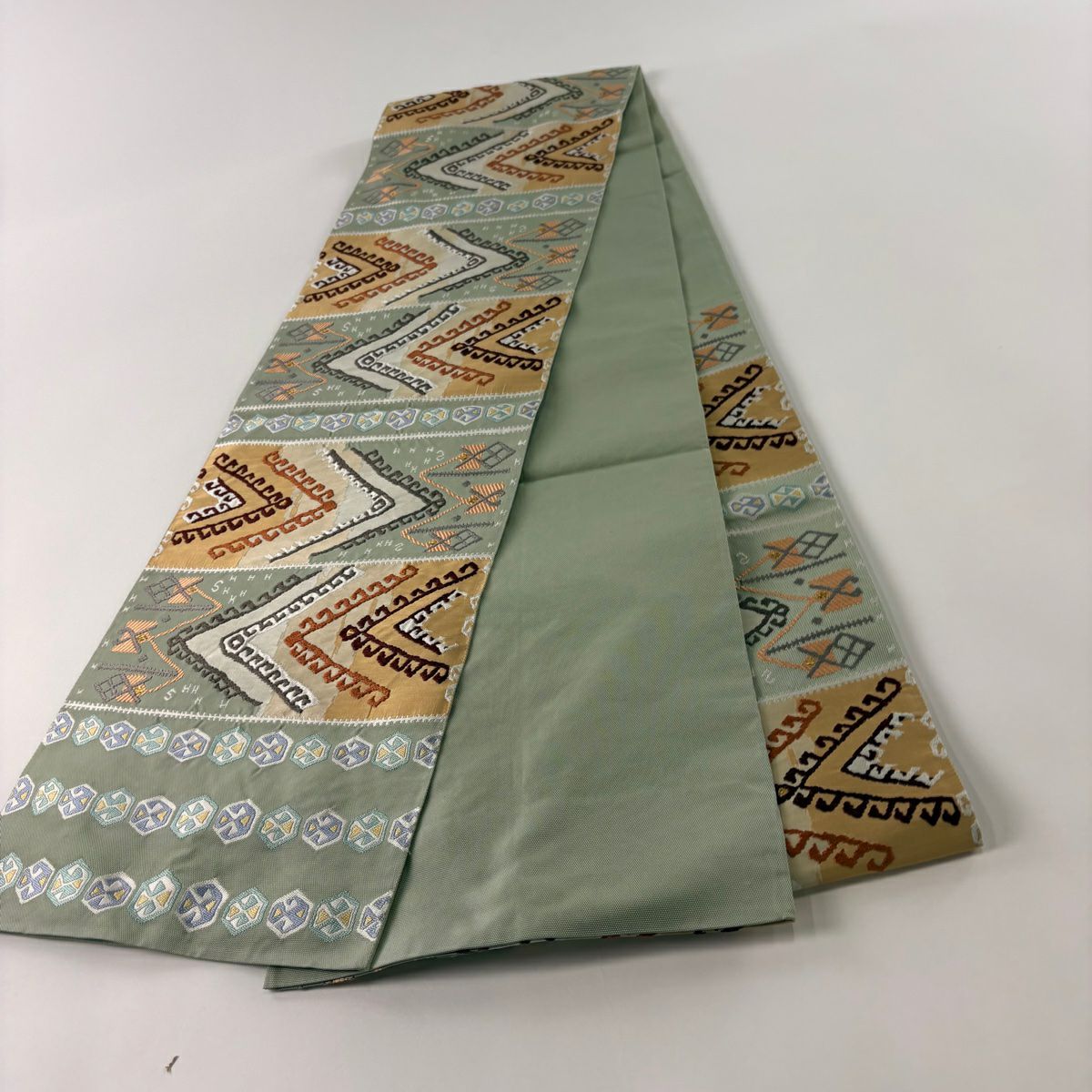 【庫存清倉】 袋帶 美品 秀品級 幾何圖案 金金箔 灰綠 六通 純蠶絲