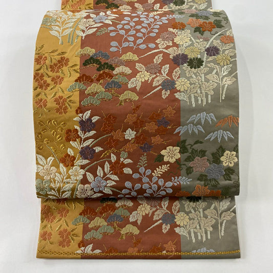 【庫存清倉】 袋帶 美品 秀品級 關西仕立 松樹竹子 秋草 唐織 金絲 茜 紅 六通 純蠶絲