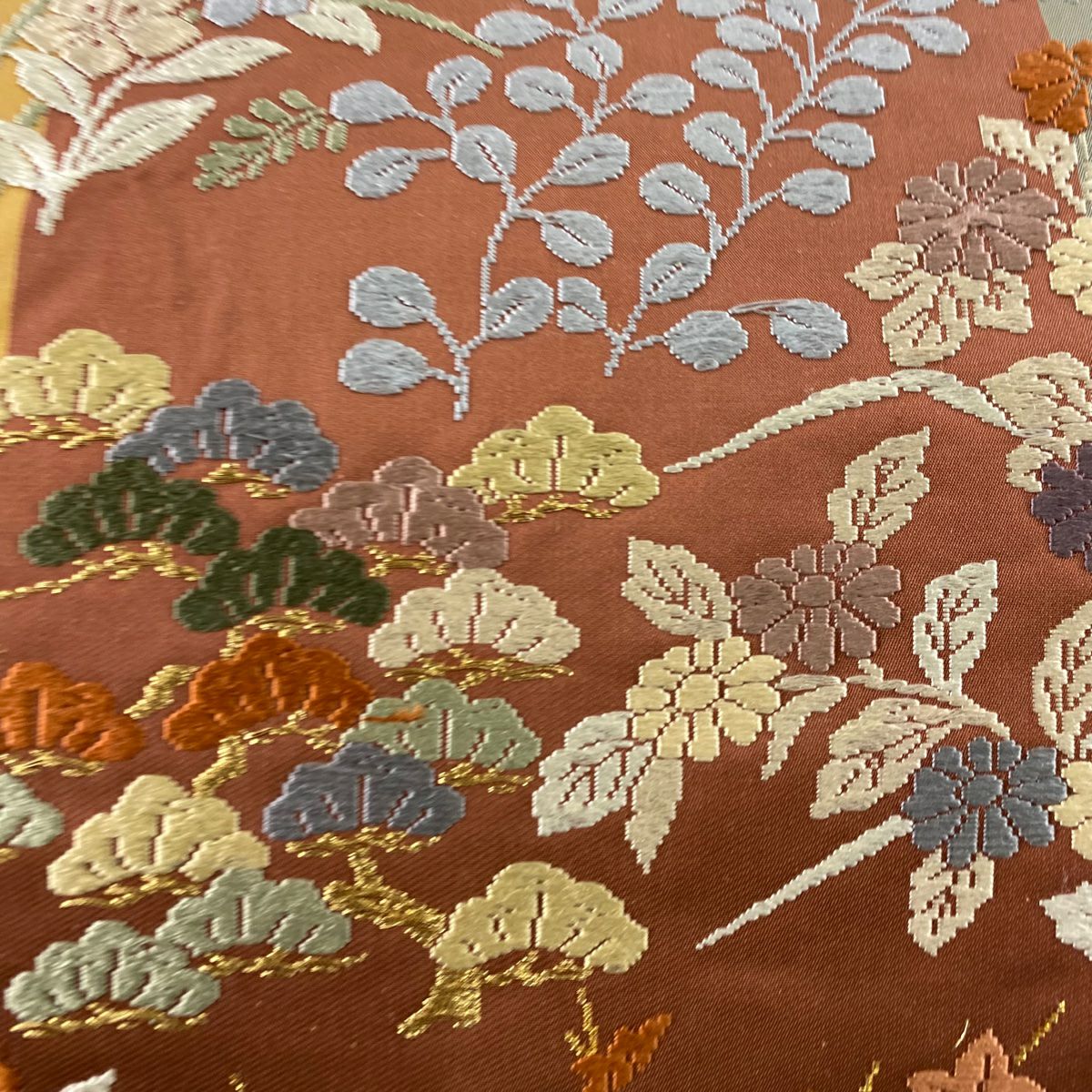 【庫存清倉】 袋帶 美品 秀品級 關西仕立 松樹竹子 秋草 唐織 金絲 茜 紅 六通 純蠶絲