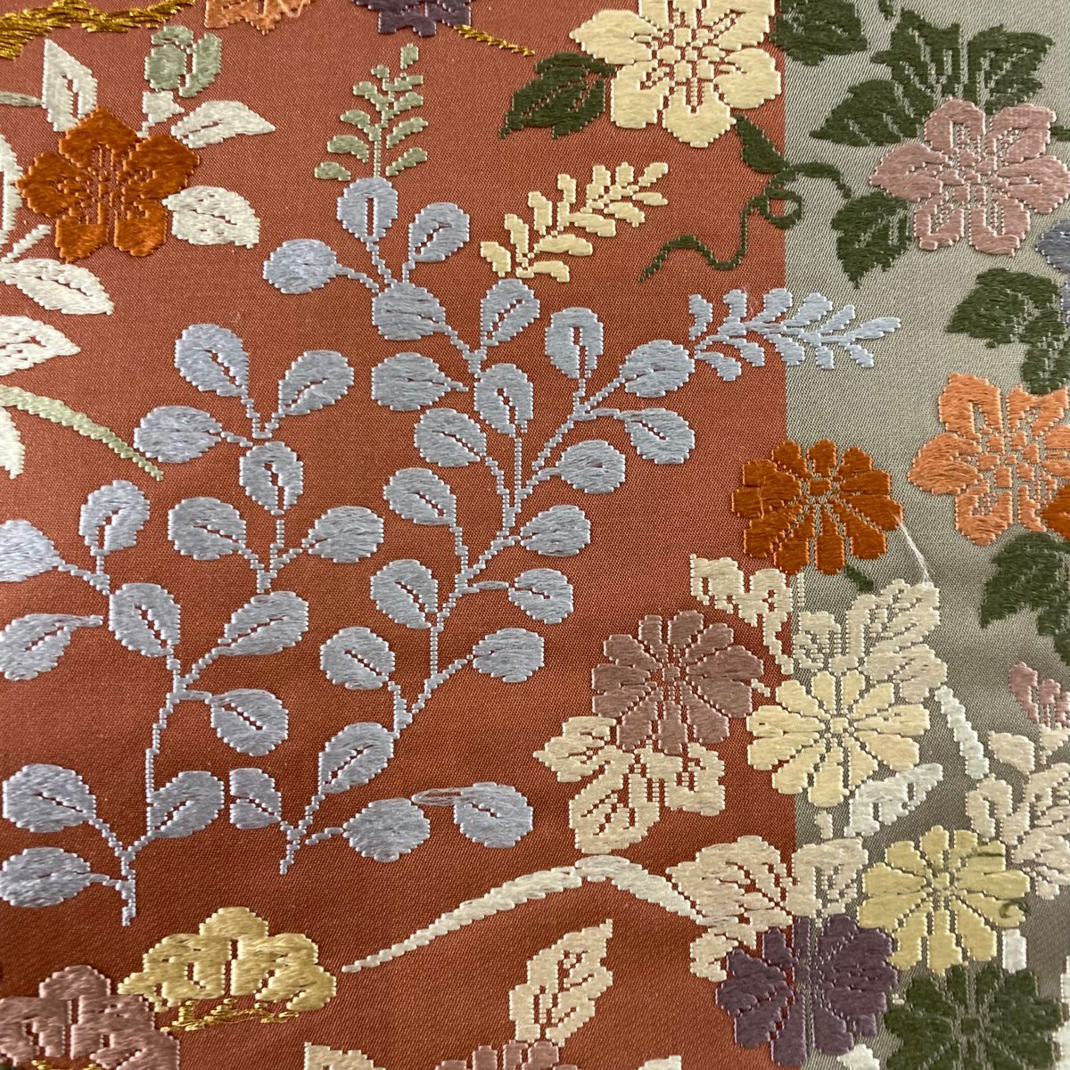 【庫存清倉】 袋帶 美品 秀品級 關西仕立 松樹竹子 秋草 唐織 金絲 茜 紅 六通 純蠶絲