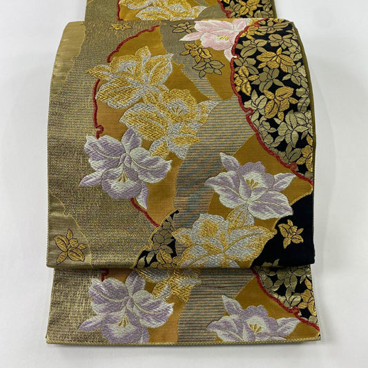 【庫存清倉】 袋帶 美品 秀品級 草花紋 雪輪 唐織 拉麵金金箔 金色 六通 純蠶絲