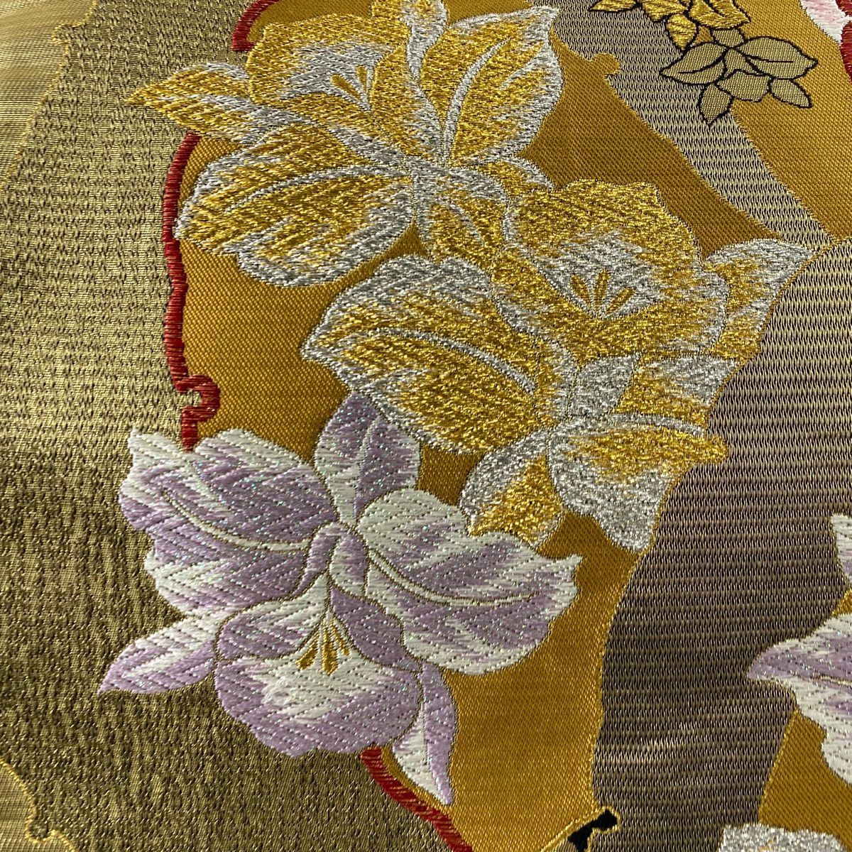 【庫存清倉】 袋帶 美品 秀品級 草花紋 雪輪 唐織 拉麵金金箔 金色 六通 純蠶絲