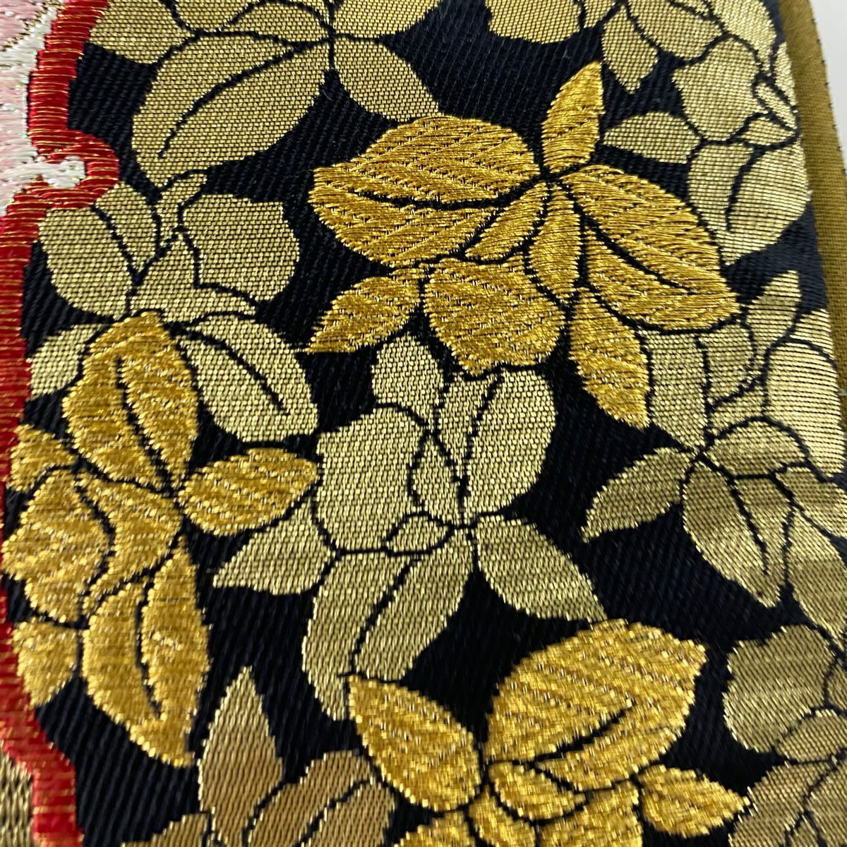 【庫存清倉】 袋帶 美品 秀品級 草花紋 雪輪 唐織 拉麵金金箔 金色 六通 純蠶絲