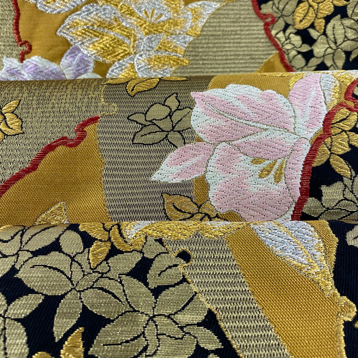 【庫存清倉】 袋帶 美品 秀品級 草花紋 雪輪 唐織 拉麵金金箔 金色 六通 純蠶絲