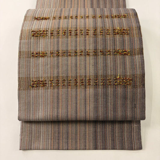 【庫存清倉】 袋帶 美品 優品級 幾何學條紋 刺繡 金絲 灰紫色 大鼓圖案 純蠶絲