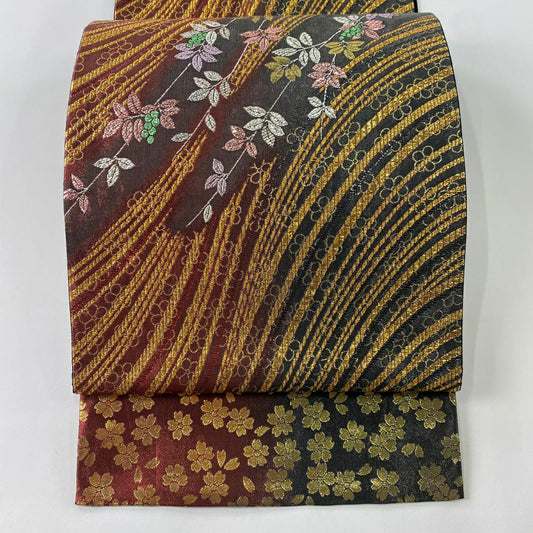 【庫存清倉】 袋帶 美品 秀品級 葉與果 梅花花 金金箔 紅色 六通 純蠶絲