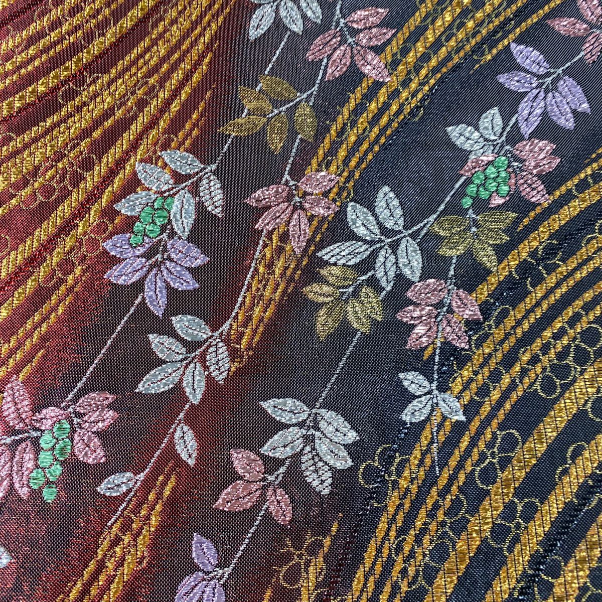 【庫存清倉】 袋帶 美品 秀品級 葉與果 梅花花 金金箔 紅色 六通 純蠶絲