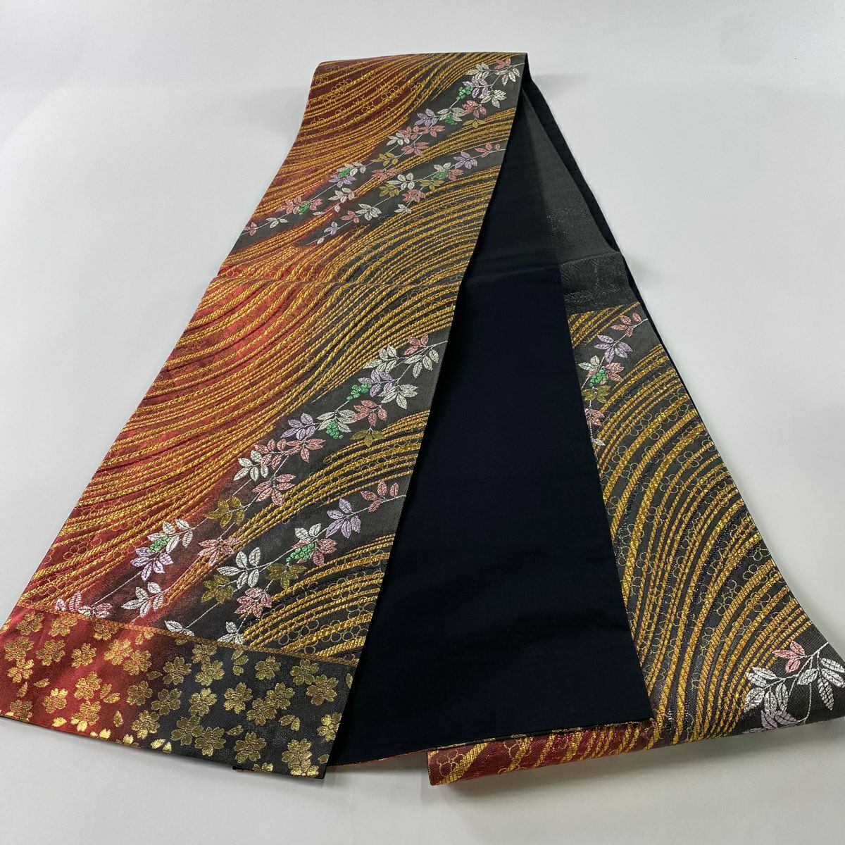 【庫存清倉】 袋帶 美品 秀品級 葉與果 梅花花 金金箔 紅色 六通 純蠶絲