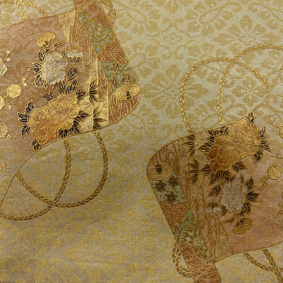【庫存清倉】 袋帶 優品級 卷物 御所車 金金箔 金銀彩 淺茶 純蠶絲