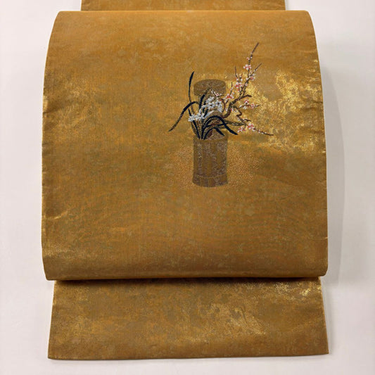 【庫存清倉】 袋帶 美品 優品級 草花紋 金絲 金金箔 金色 大鼓圖案 純蠶絲