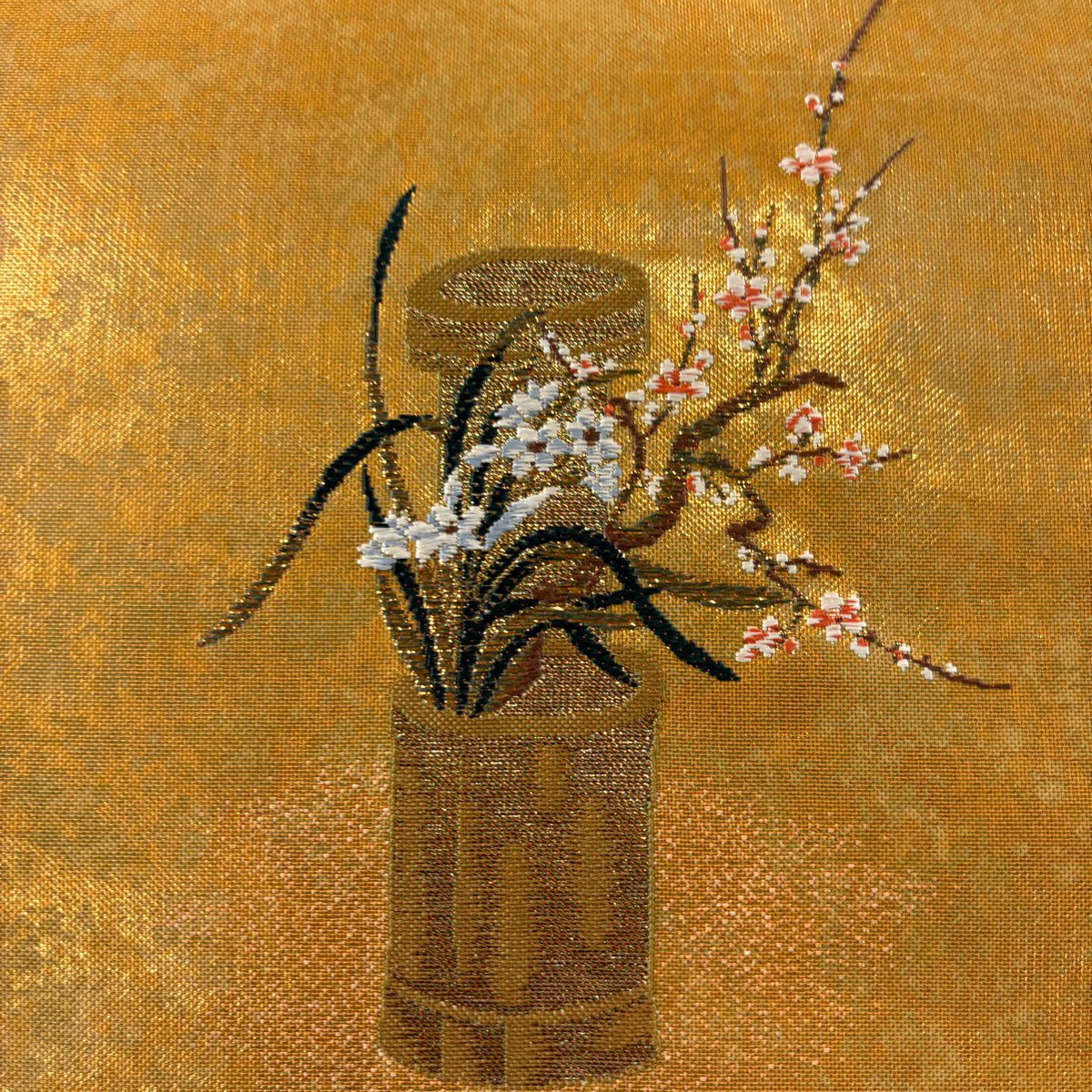 【庫存清倉】 袋帶 美品 優品級 草花紋 金絲 金金箔 金色 大鼓圖案 純蠶絲