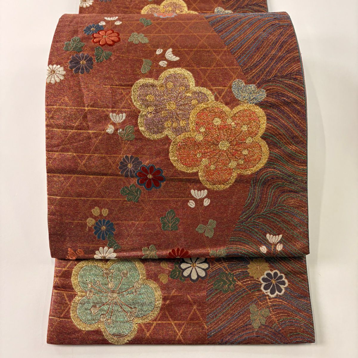 【庫存清倉】 袋帶 美品 秀品級 梅花 籠目 金絲 金金箔 紅黑 六通 純蠶絲