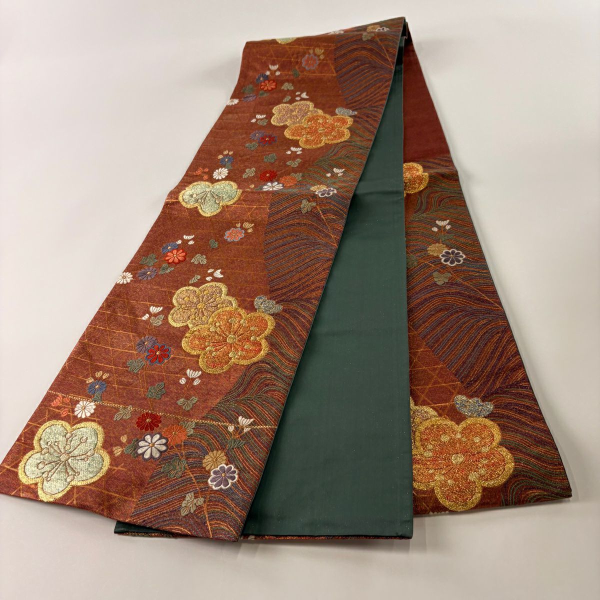 【庫存清倉】 袋帶 美品 秀品級 梅花 籠目 金絲 金金箔 紅黑 六通 純蠶絲