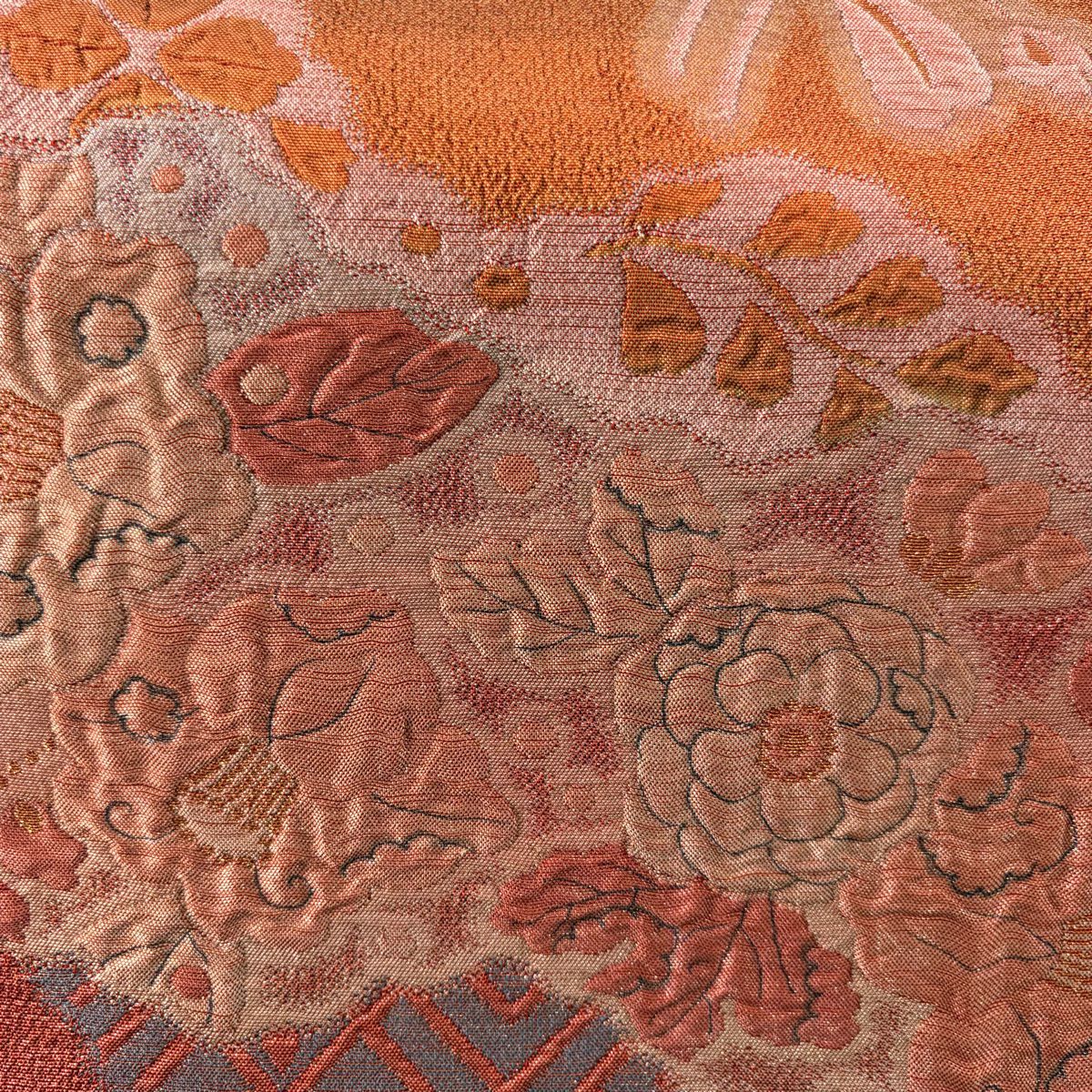 【庫存清倉】 袋帶 美品 優品級 草花紋 兔子 金金箔 深紅色 大鼓圖案 純蠶絲