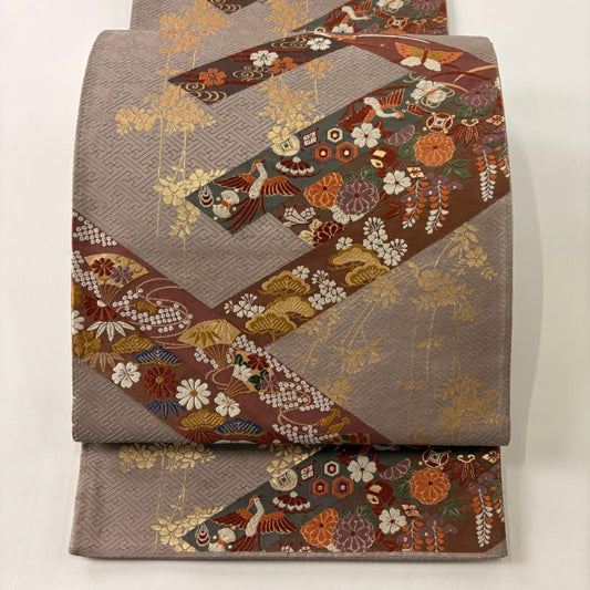 【庫存清倉】 袋帶 美品 秀品級 草花紋 鳥 刺繡 金金箔 灰茶 六通 純蠶絲