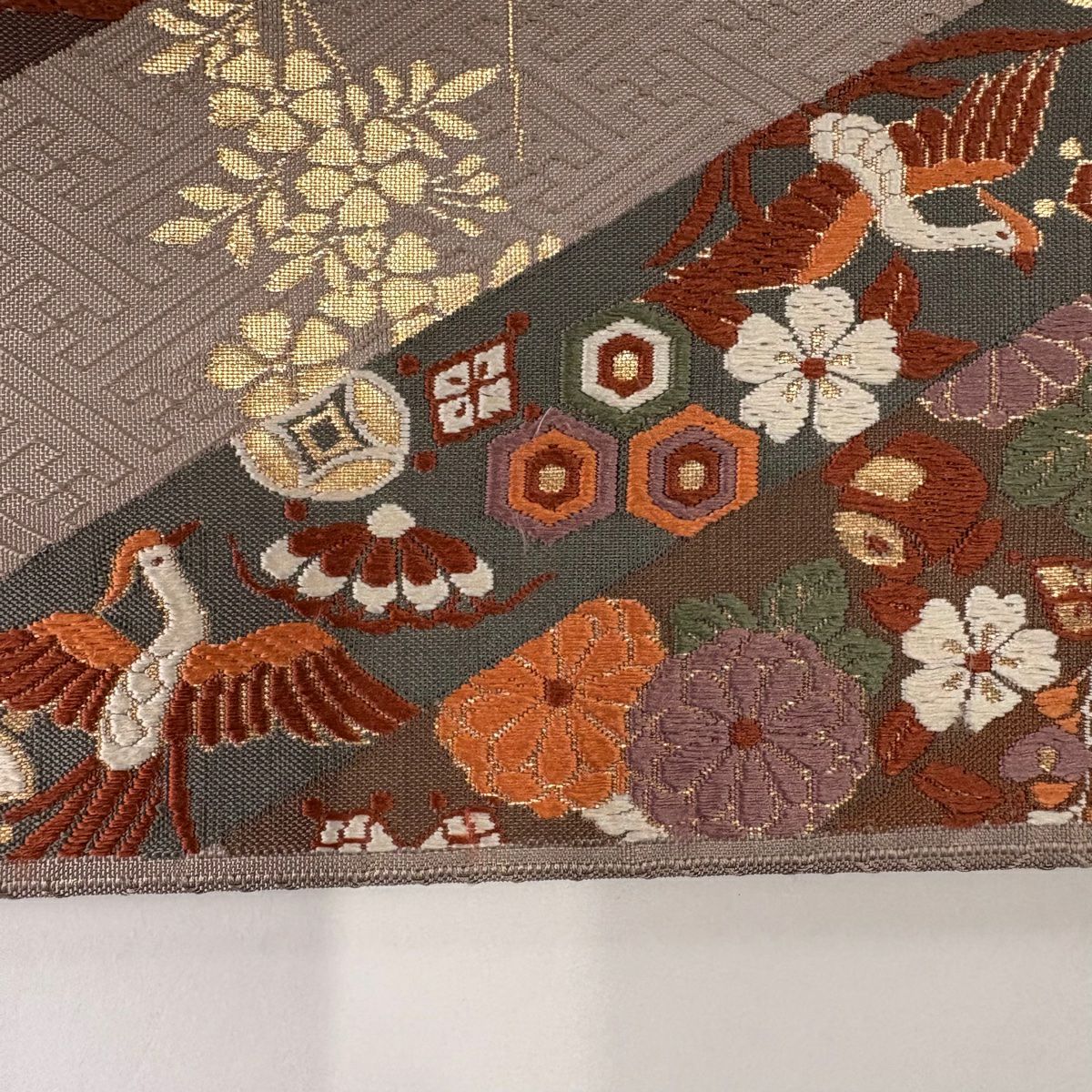 【庫存清倉】 袋帶 美品 秀品級 草花紋 鳥 刺繡 金金箔 灰茶 六通 純蠶絲
