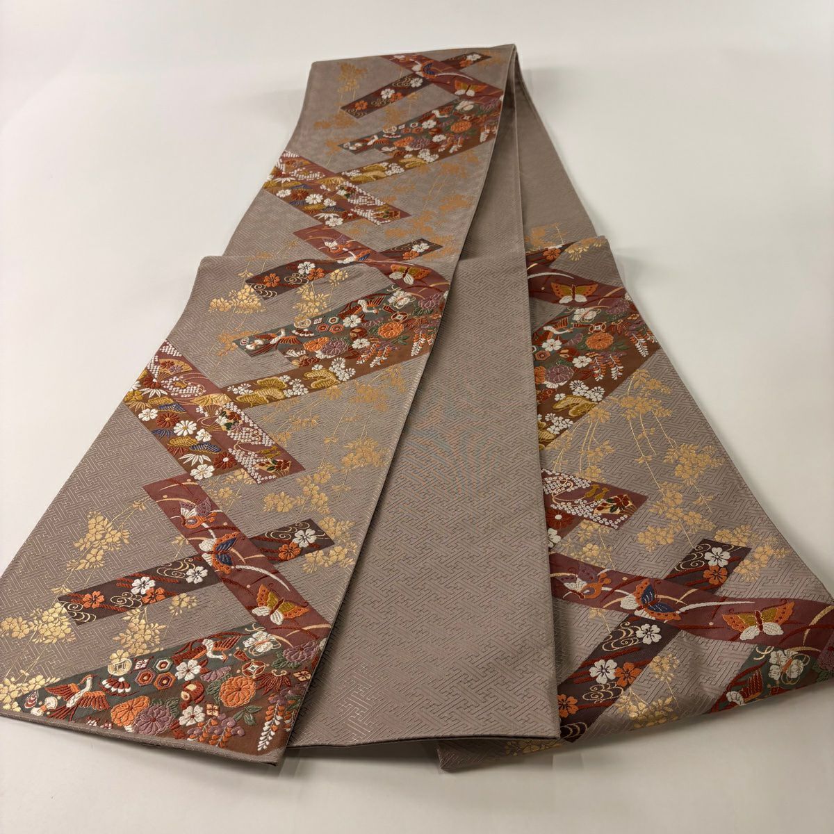 【庫存清倉】 袋帶 美品 秀品級 草花紋 鳥 刺繡 金金箔 灰茶 六通 純蠶絲