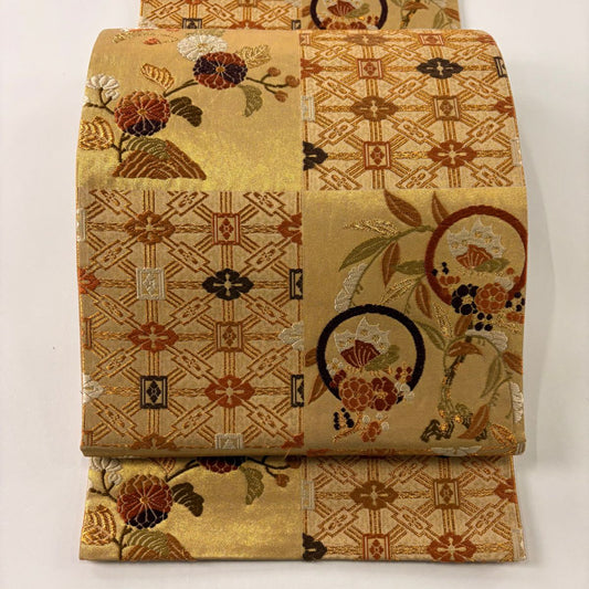 【庫存清倉】 袋帶 美品 秀品級 草花紋 圓文 刺繡 金金箔 金色 六通 純蠶絲