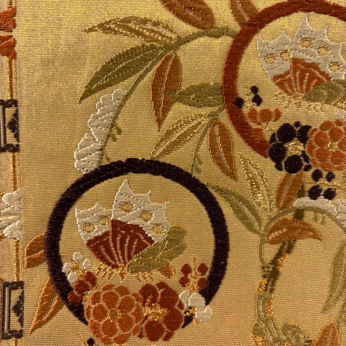 【庫存清倉】 袋帶 美品 秀品級 草花紋 圓文 刺繡 金金箔 金色 六通 純蠶絲