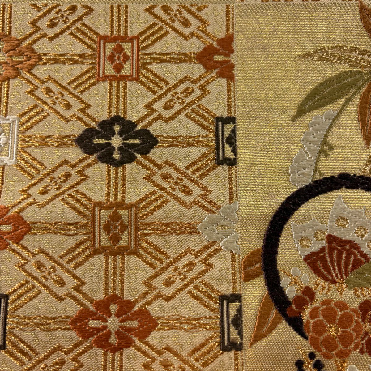 【庫存清倉】 袋帶 美品 秀品級 草花紋 圓文 刺繡 金金箔 金色 六通 純蠶絲