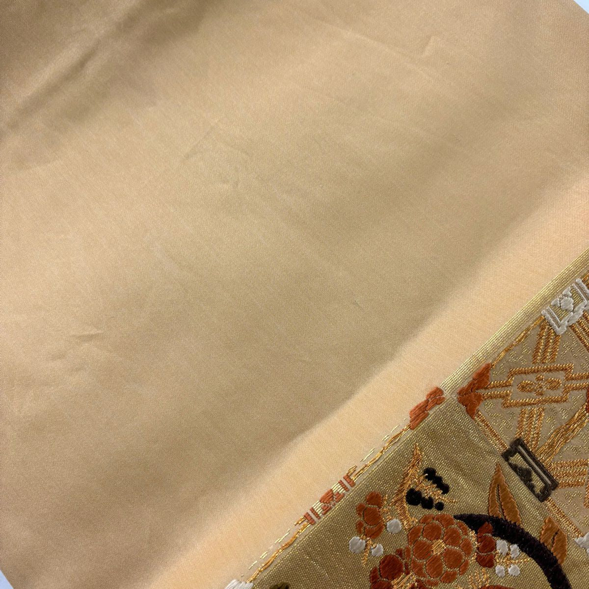 【庫存清倉】 袋帶 美品 秀品級 草花紋 圓文 刺繡 金金箔 金色 六通 純蠶絲