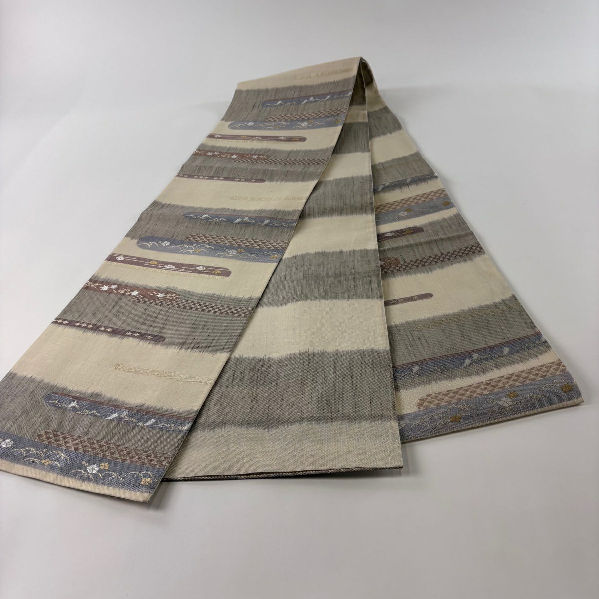 【庫存清倉】 袋帶 優品級 夏帶 紗橫段 市松樹 金絲 奶油 六通 純蠶絲