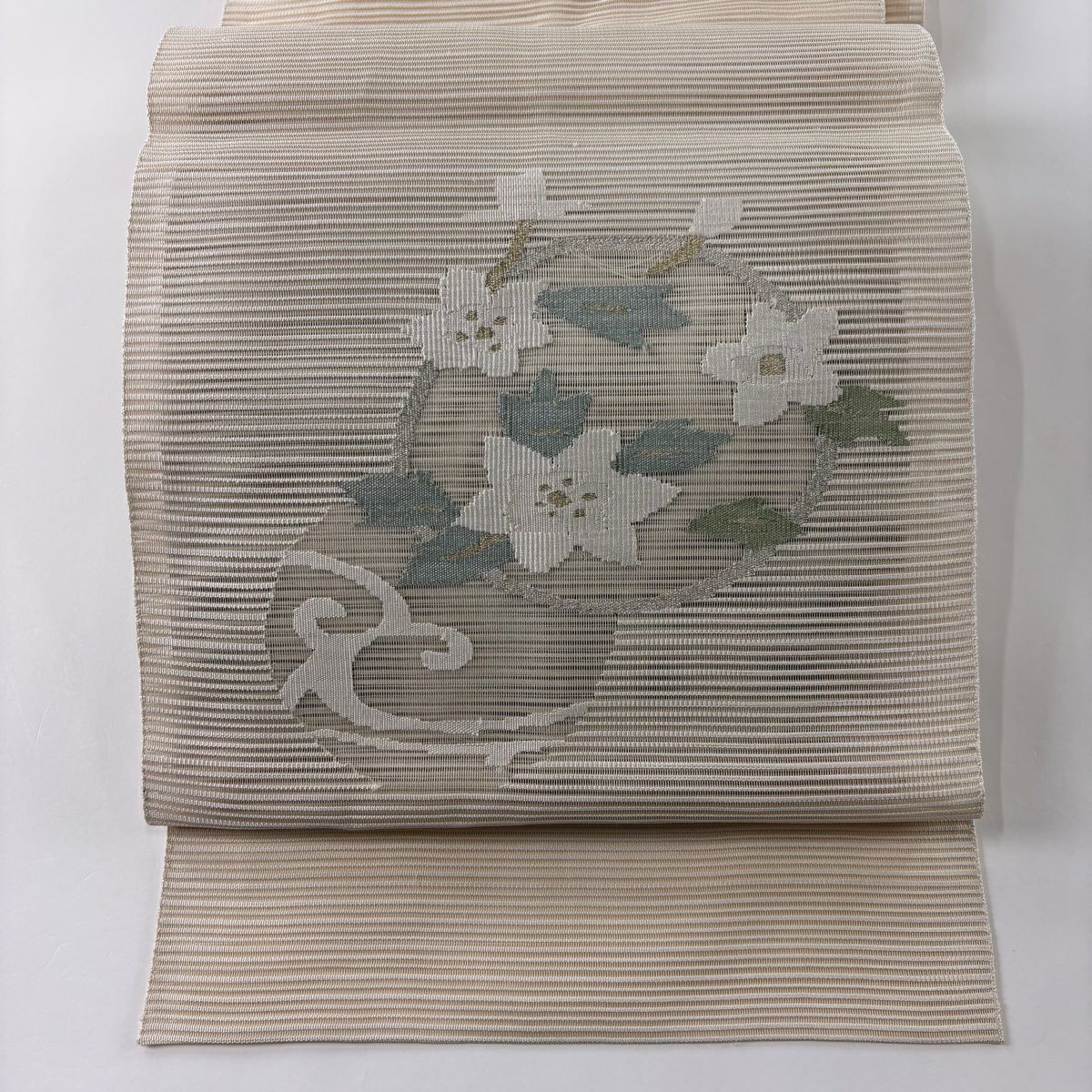 【清倉特賣】名古屋帶 優品級 夏帶 絽 八寸名古屋帶 松樹葉仕立 花丸紋 金銀彩 奶油色 純蠶絲
