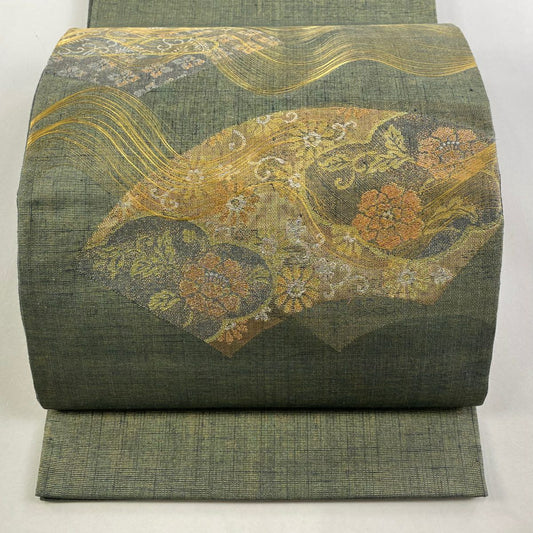 【庫存清倉】 袋帶 美品 名品級 扇子面 草花紋 金銀彩 金金箔 灰綠 お太鼓圖案 純蠶絲