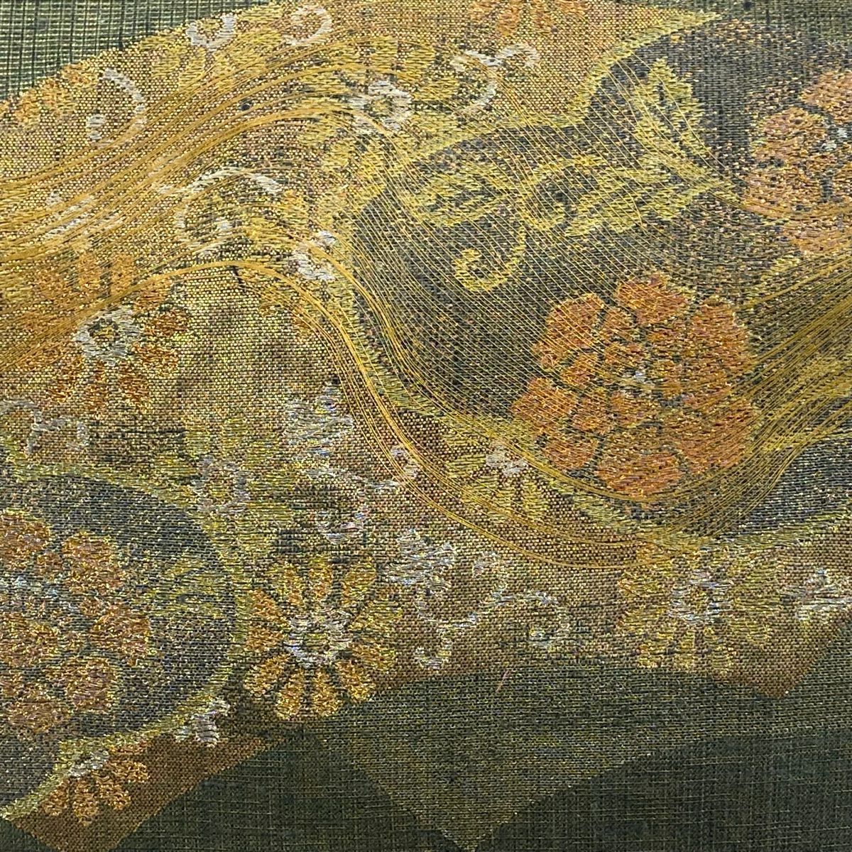 【庫存清倉】 袋帶 美品 名品級 扇子面 草花紋 金銀彩 金金箔 灰綠 お太鼓圖案 純蠶絲