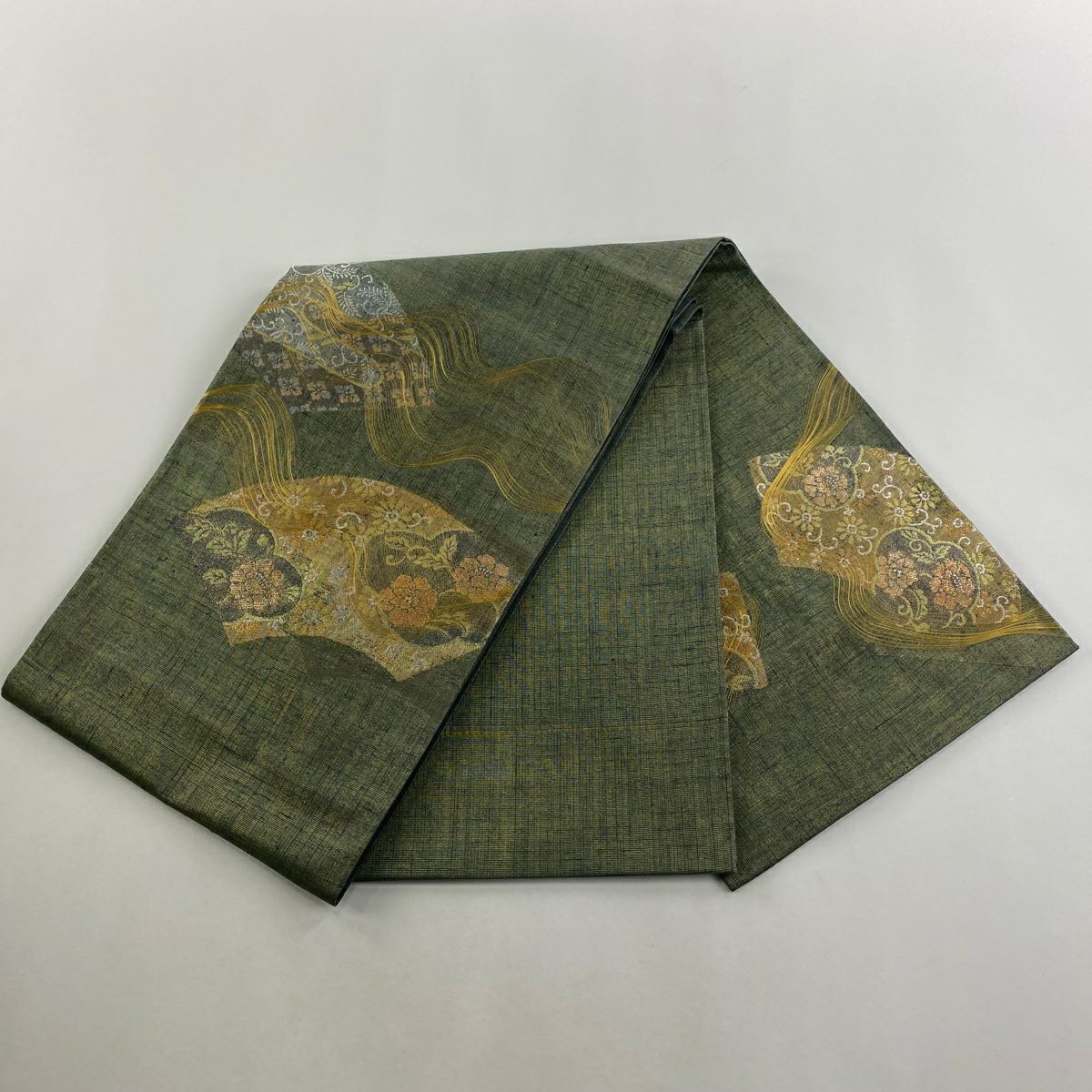 【庫存清倉】 袋帶 美品 名品級 扇子面 草花紋 金銀彩 金金箔 灰綠 お太鼓圖案 純蠶絲