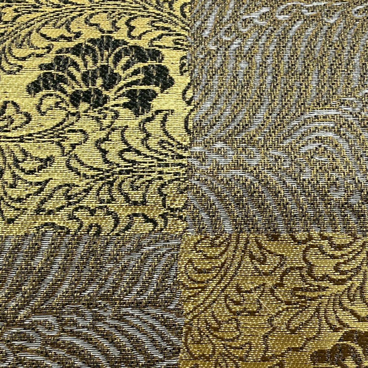 【庫存清倉】 袋帶 美品 名品級 牡丹唐草紋 波 金絲 金金箔 灰茶 六通 純蠶絲