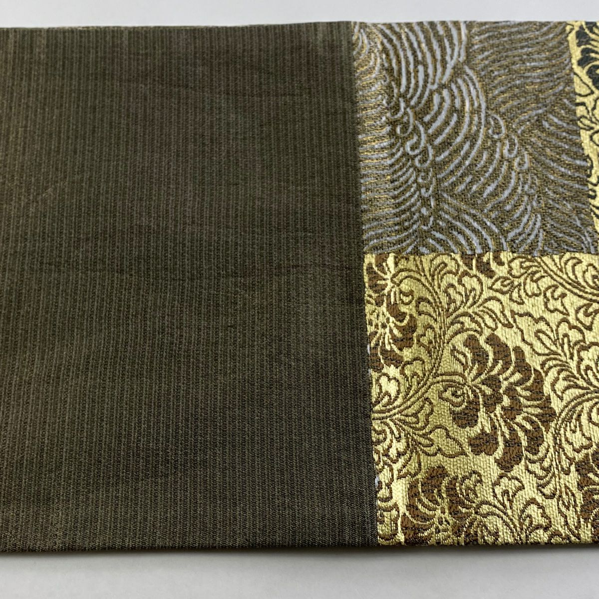 【庫存清倉】 袋帶 美品 名品級 牡丹唐草紋 波 金絲 金金箔 灰茶 六通 純蠶絲