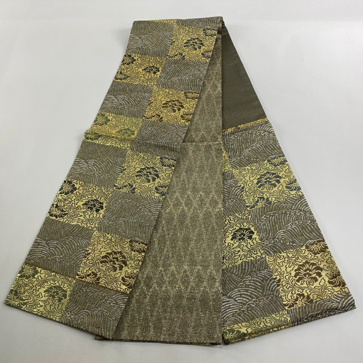 【庫存清倉】 袋帶 美品 名品級 牡丹唐草紋 波 金絲 金金箔 灰茶 六通 純蠶絲