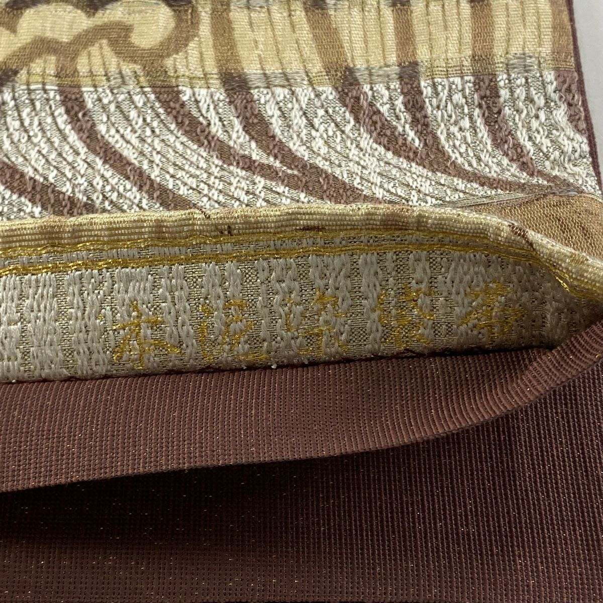 【庫存清倉】 袋帶 美品 名品級 草花紋紋 波頭 金絲 紅紫 六通 純蠶絲