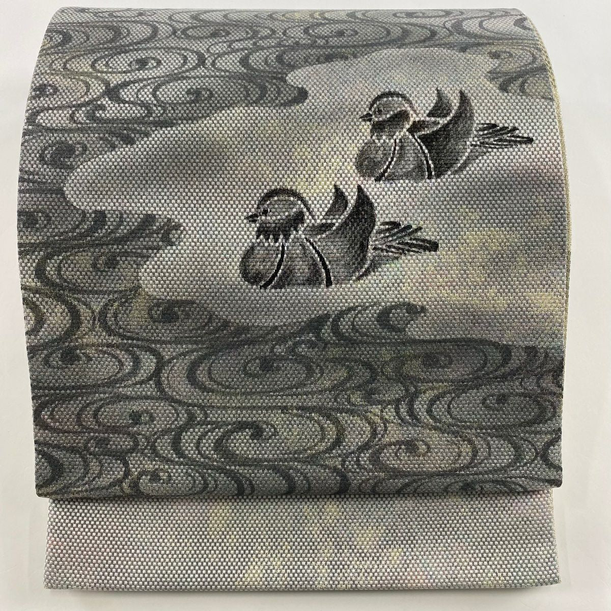 【庫存清倉】 袋帶 美品 名品級 附落款 鴛鴦 観世水 金金箔 漸層 銀色 大鼓圖案 純蠶絲